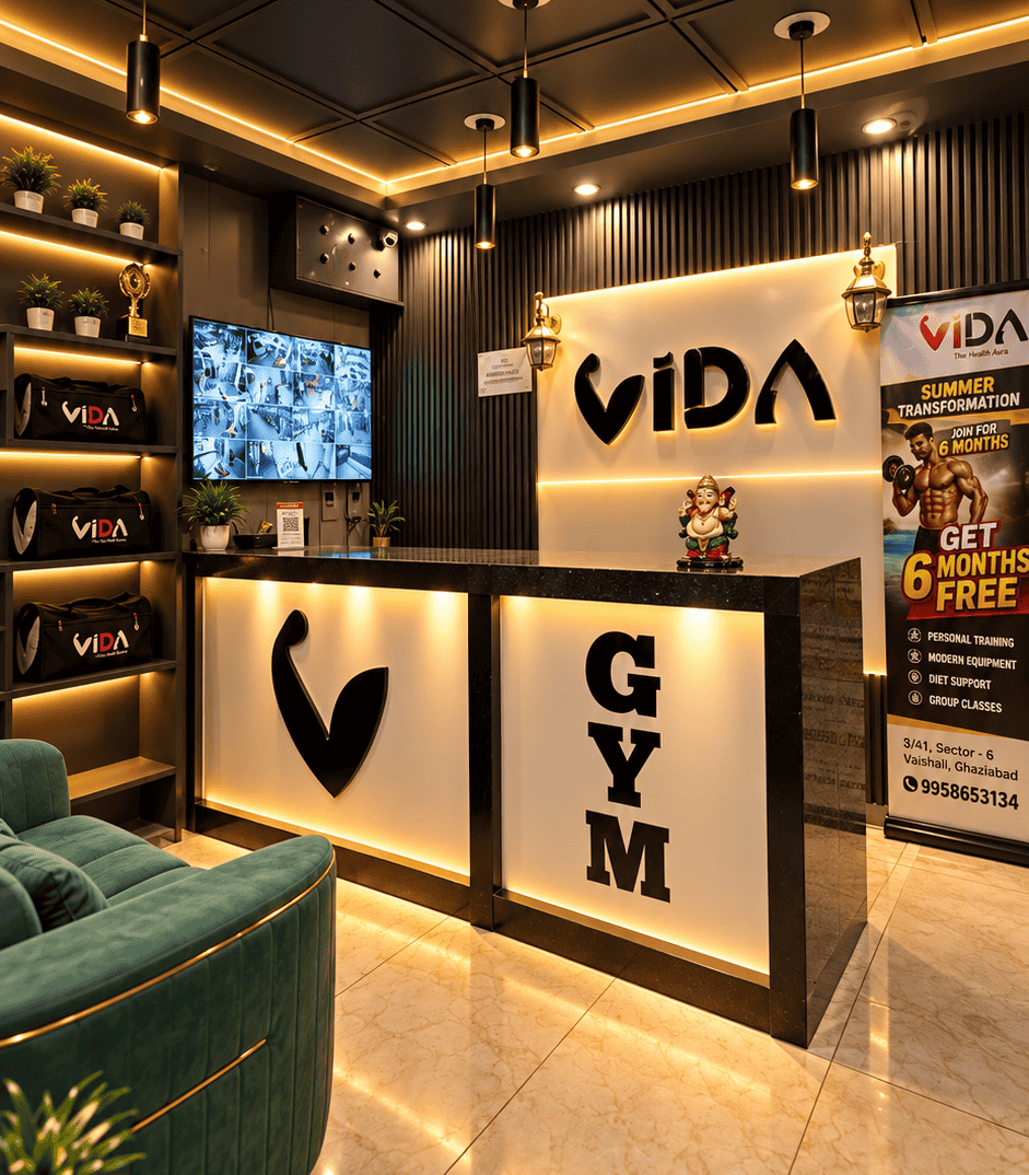 VIDA Fitness facility with dumbbell racks and red floor track