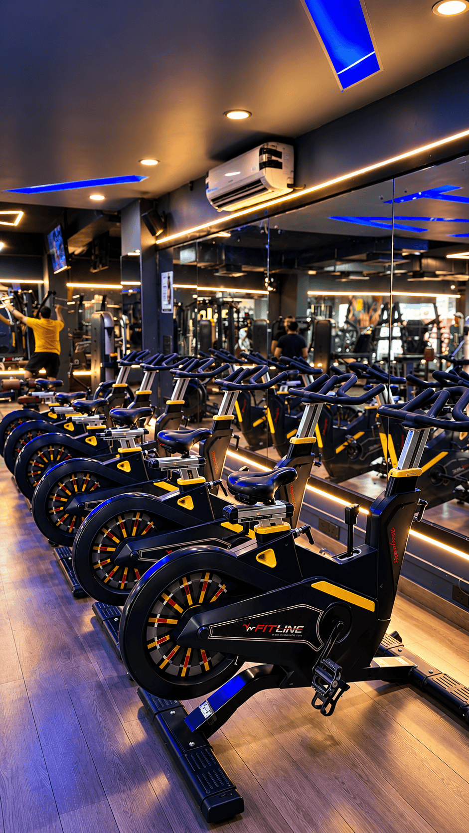 Rows of modern treadmills with city view