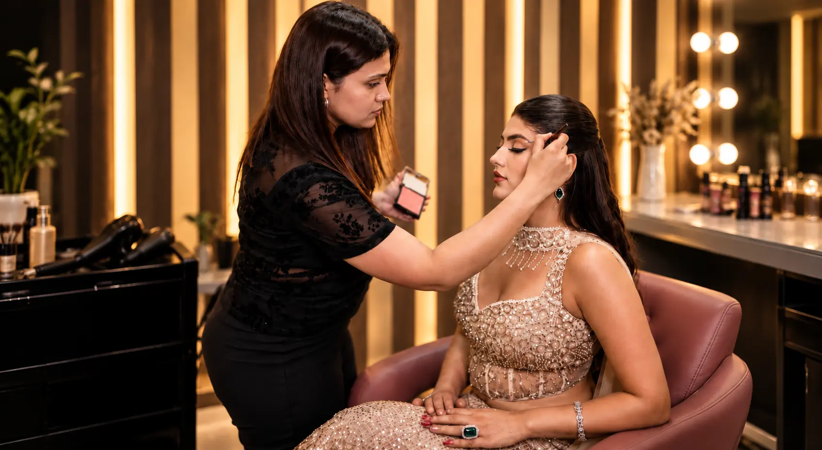 VIDA Salon master makeup artist styling client in bridal salon