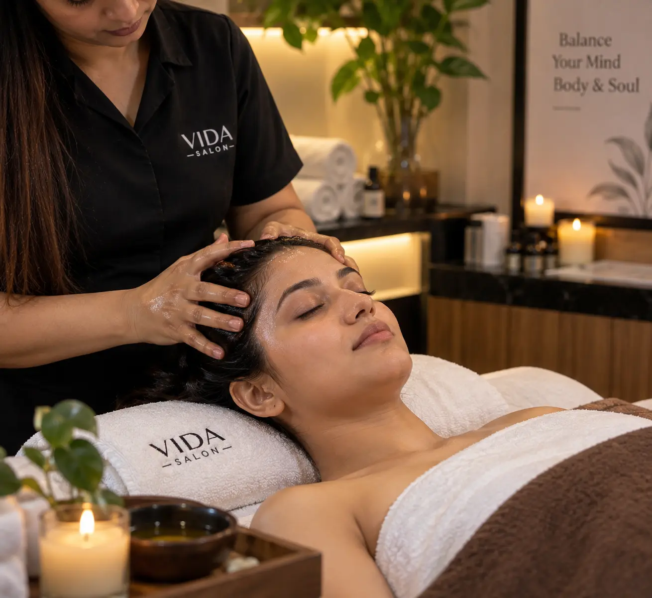 Head spa and relaxation therapies at VIDA Salon