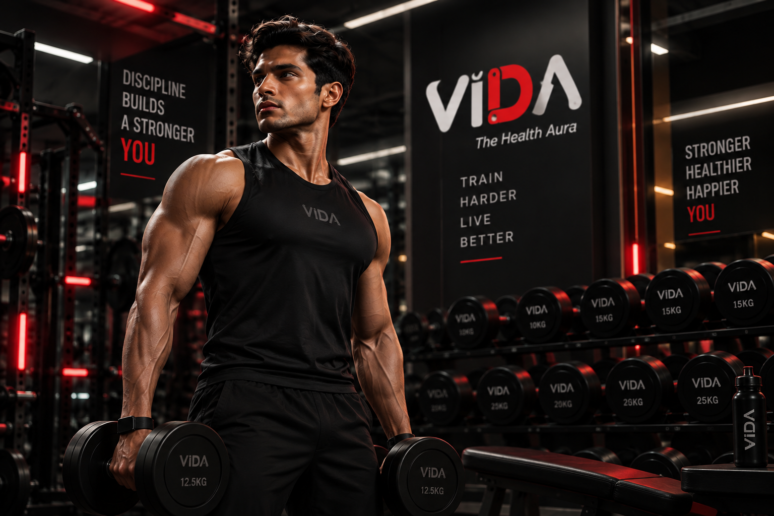 VIDA Fitness male athlete training with dumbbells in dark red lighting